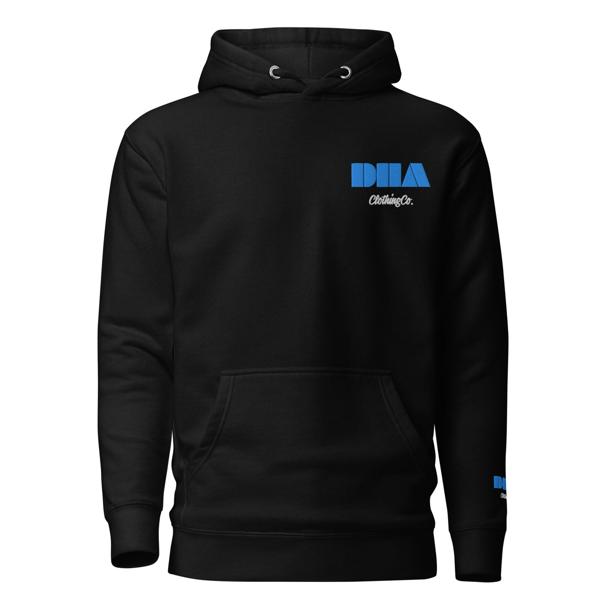 GOD BODY ACTIVATED Hoodie – Embroidered — Throat, black front view with the DHA lockup embroidered at the left chest