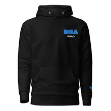 GOD BODY ACTIVATED Hoodie – Embroidered — Throat, black front view with the DHA lockup embroidered at the left chest