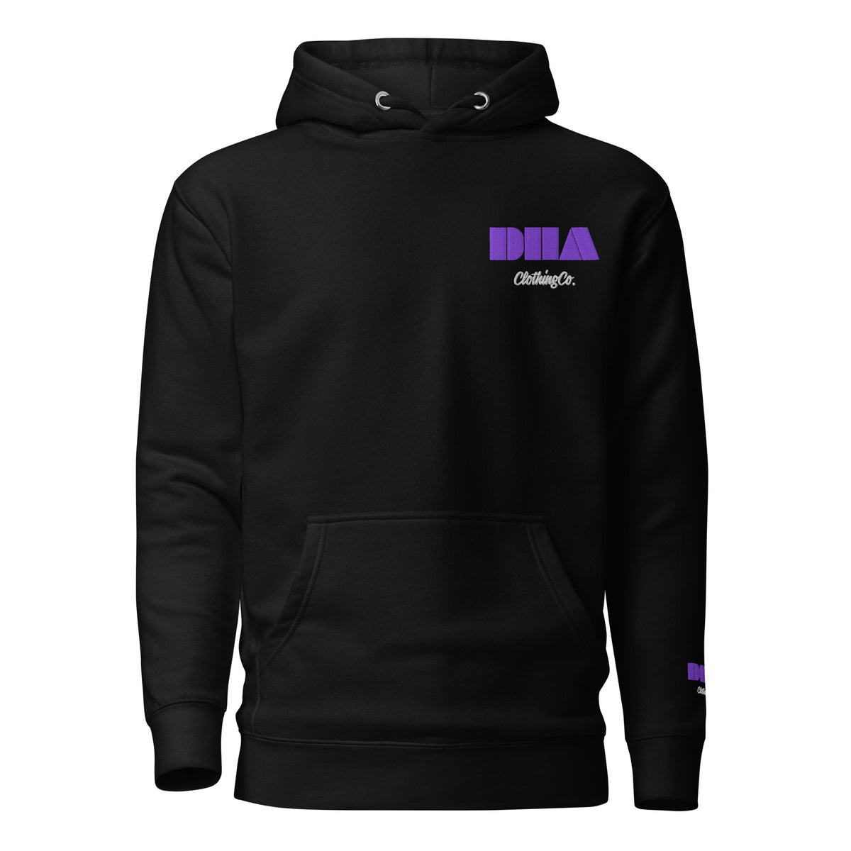 GOD BODY ACTIVATED Hoodie – Embroidered — Crown, black front view with the DHA lockup embroidered at the left chest