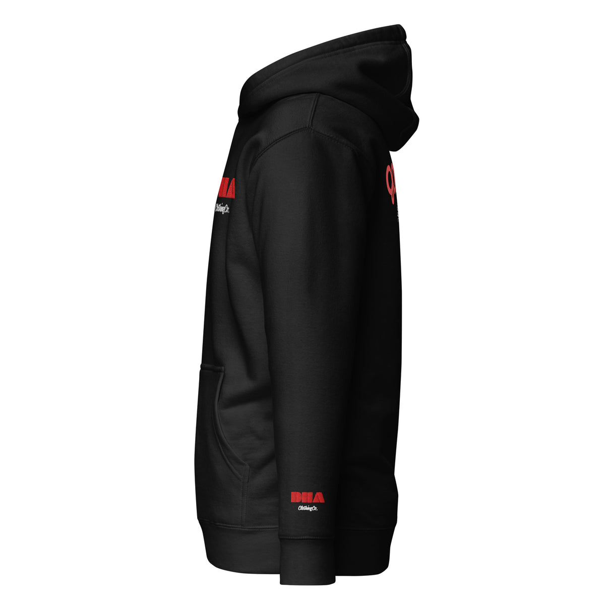 GOD BODY ACTIVATED Hoodie – Embroidered — Root, black left sleeve view with the small DHA lockup hit on the left wrist