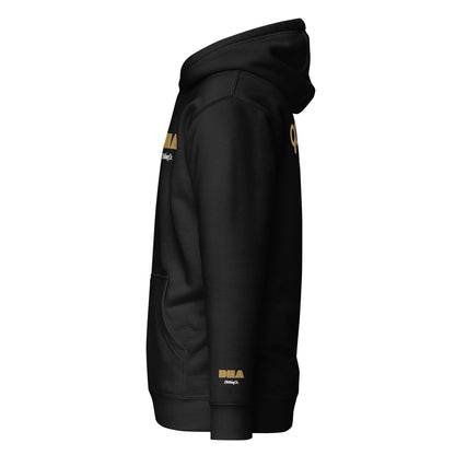 GOD BODY ACTIVATED Hoodie – Embroidered — Solar Plexus, black left sleeve view with the small DHA lockup hit on the left wrist