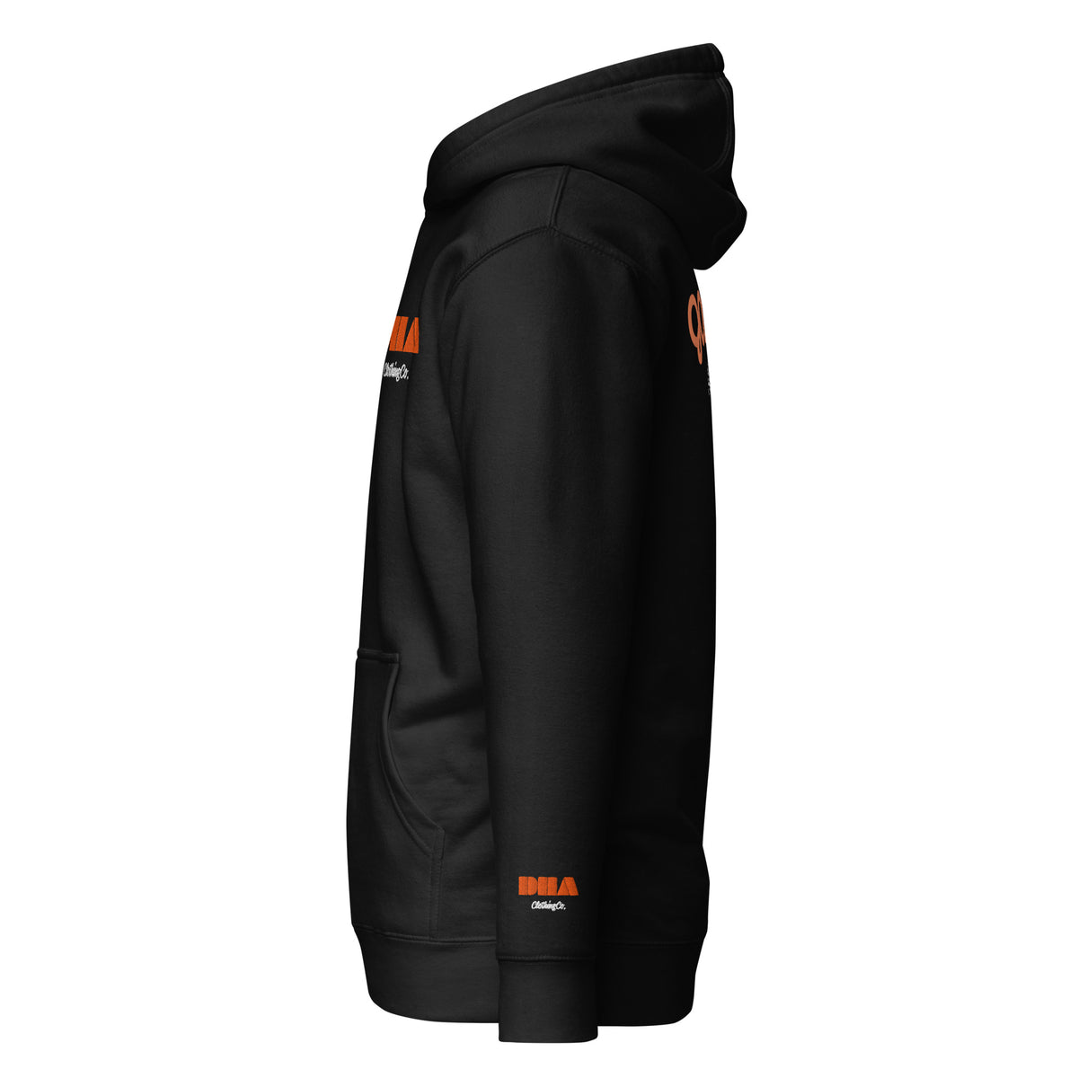 GOD BODY ACTIVATED Hoodie – Embroidered — Sacral, black left sleeve view with the small DHA lockup hit on the left wrist
