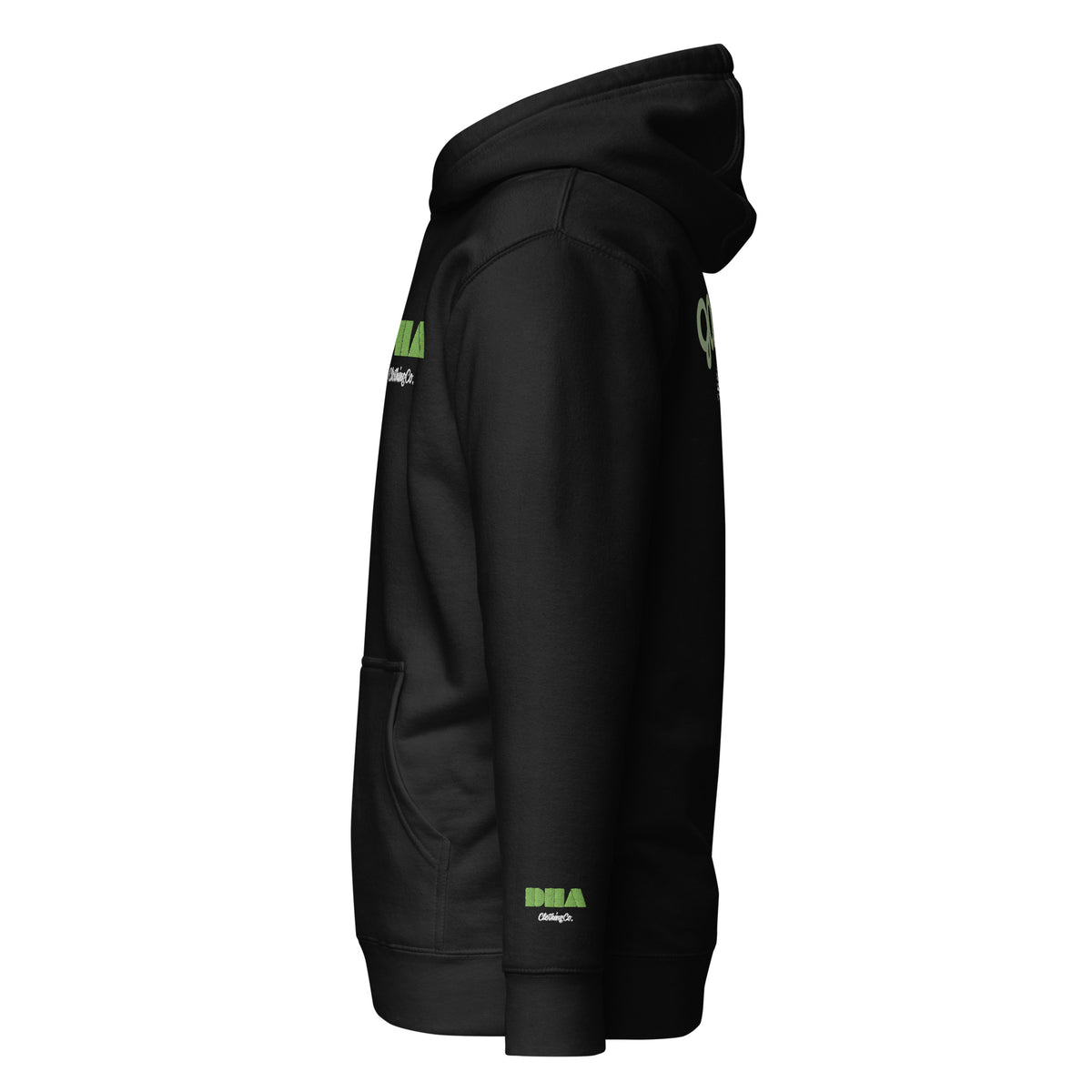 GOD BODY ACTIVATED Hoodie – Embroidered — Heart, black left sleeve view with the small DHA lockup hit on the left wrist