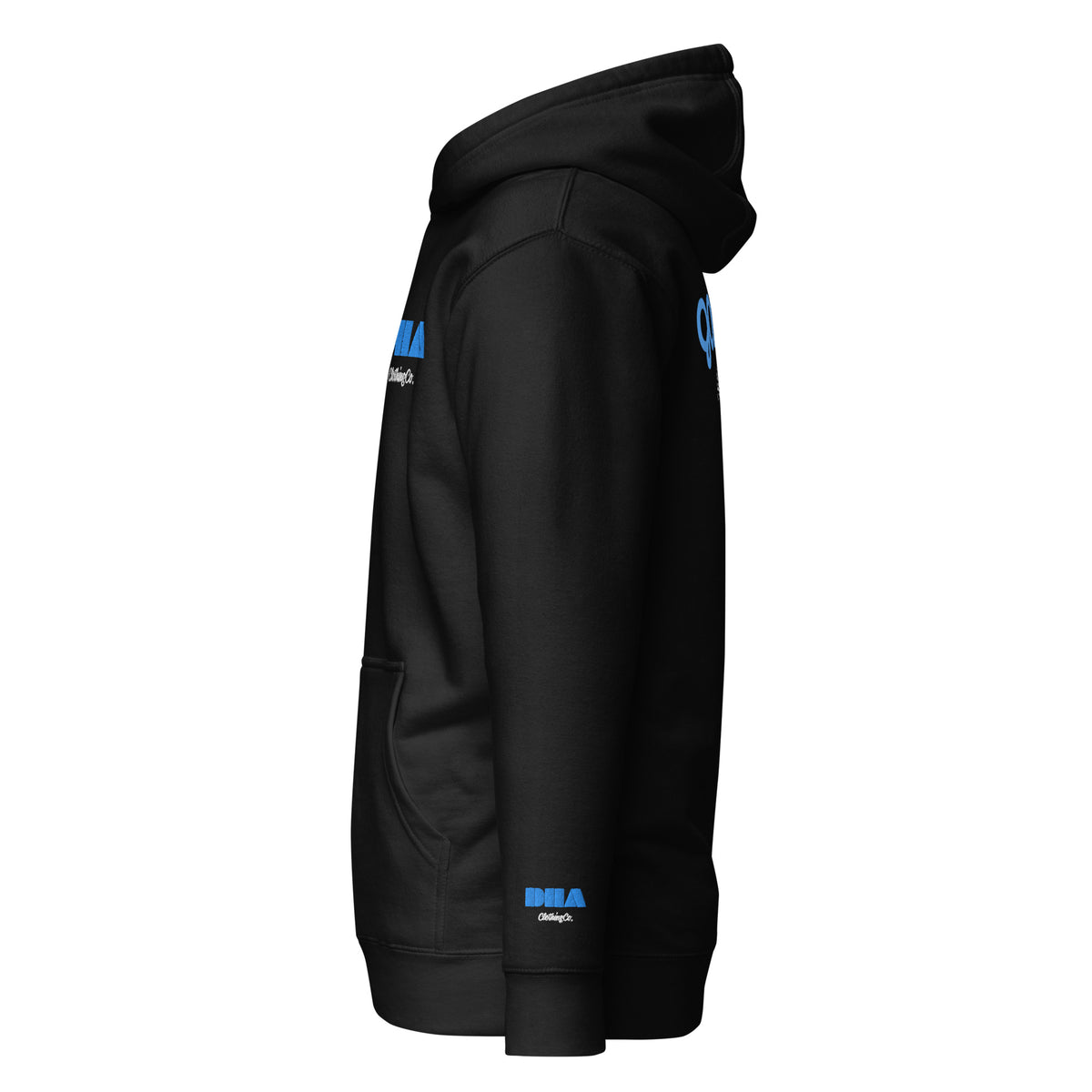 GOD BODY ACTIVATED Hoodie – Embroidered — Throat, black left sleeve view with the small DHA lockup hit on the left wrist