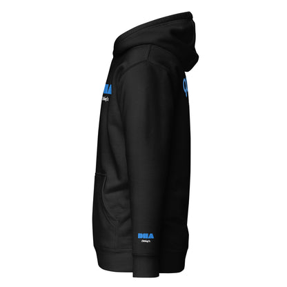GOD BODY ACTIVATED Hoodie – Embroidered — Throat, black left sleeve view with the small DHA lockup hit on the left wrist