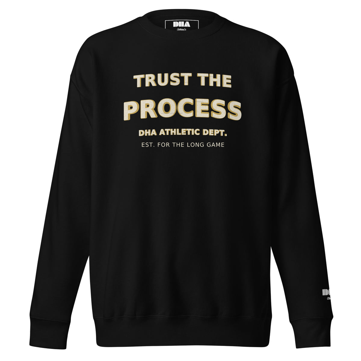 Trust the Process Crewneck Sweatshirt in Black — front view with cream and mustard motivational print
