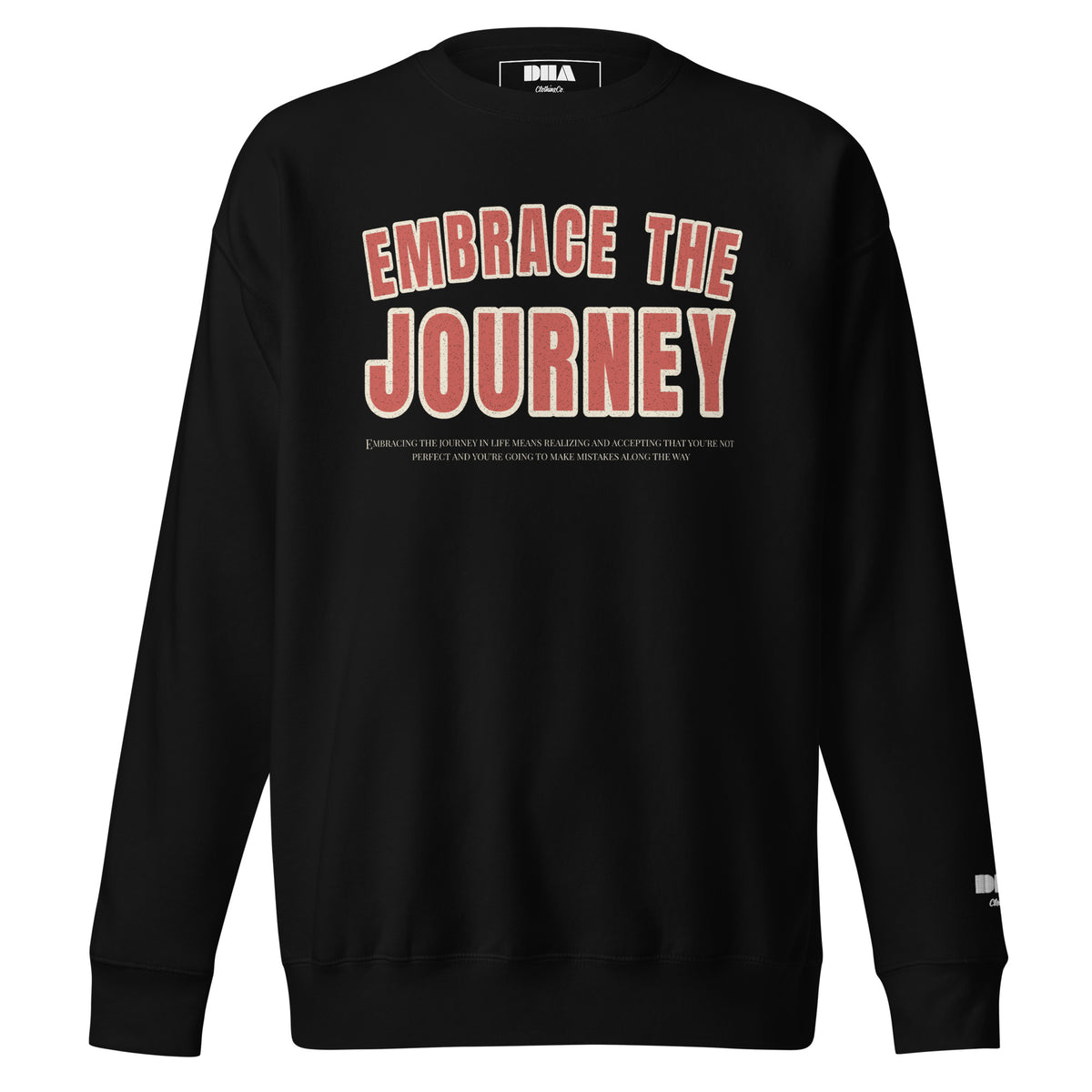 Embrace the Journey Varsity Arch Crewneck Sweatshirt in Black — front view with red and cream varsity arch print