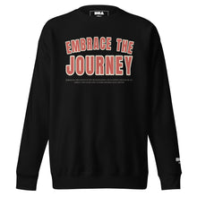 Embrace the Journey Varsity Arch Crewneck Sweatshirt in Black — front view with red and cream varsity arch print