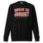 Embrace the Journey Varsity Arch Crewneck Sweatshirt in Black — front view with red and cream varsity arch print