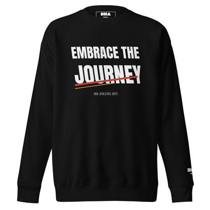 Embrace the Journey Speed Slash Crewneck Sweatshirt in Black — front view with white athletic print and red slash