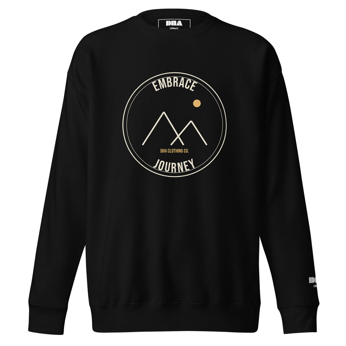 Summit Crewneck Sweatshirt in Black — front view with cream and gold Summit badge motivational print