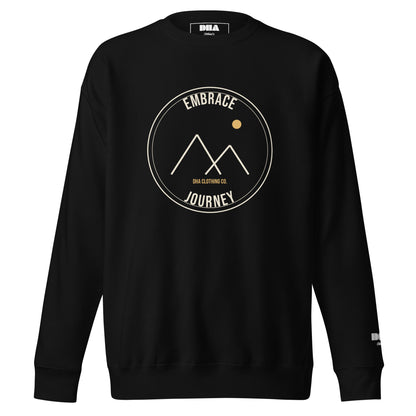 Summit Crewneck Sweatshirt in Black — front view with cream and gold Summit badge motivational print