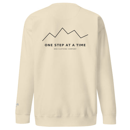 One Step at a Time Crewneck Sweatshirt in Bone — back view with full charcoal mountain graphic