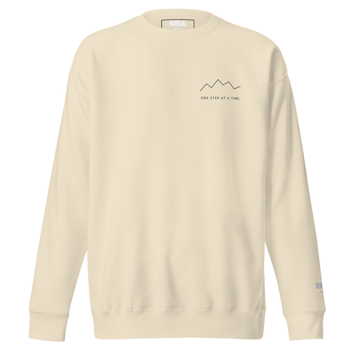 One Step at a Time Crewneck Sweatshirt in Bone — front view with charcoal left-chest mountain print
