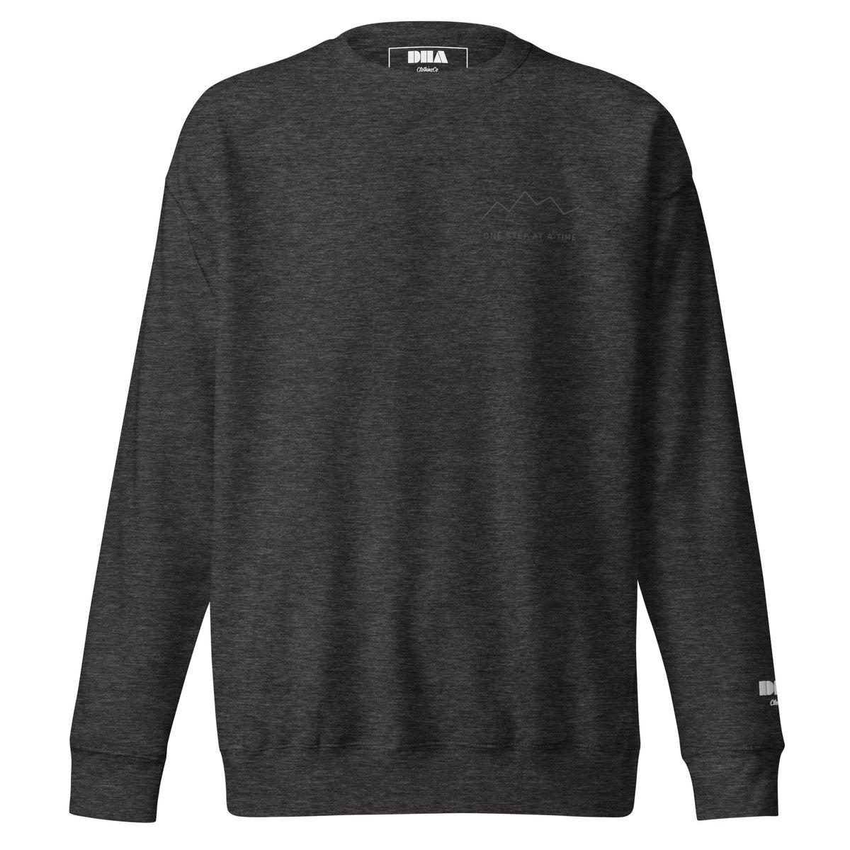 One Step at a Time Crewneck Sweatshirt in Charcoal Heather — front view with charcoal left-chest mountain print