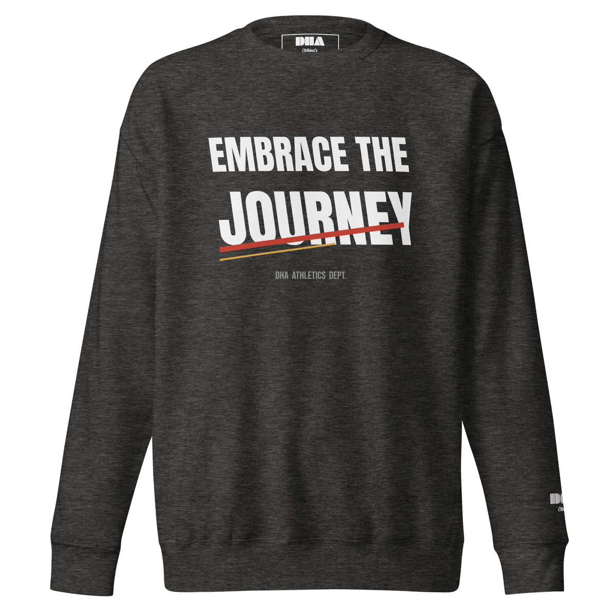 Embrace the Journey Speed Slash Crewneck Sweatshirt in Charcoal Heather — front view with white athletic print and red slash