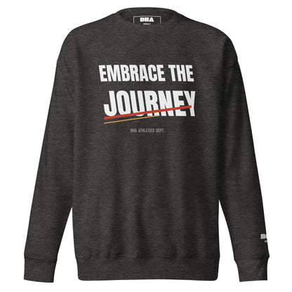 Embrace the Journey Speed Slash Crewneck Sweatshirt in Charcoal Heather — front view with white athletic print and red slash