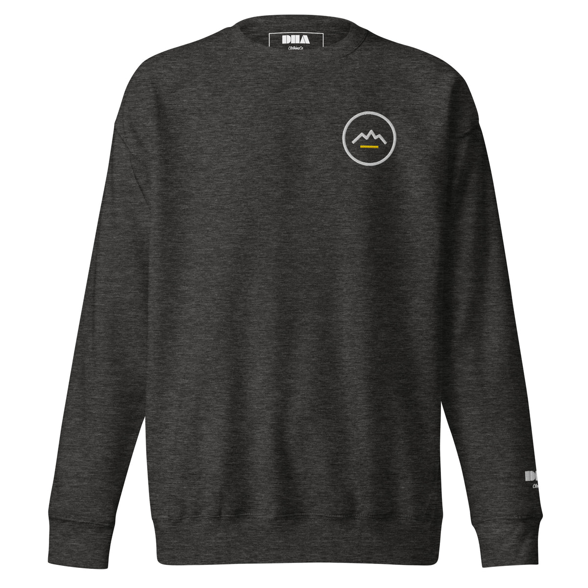 Summit Emblem Hoodie in Charcoal Heather — front view with cream and gold Summit emblem embroidered at the left chest