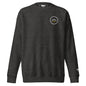 Summit Emblem Hoodie in Charcoal Heather — front view with cream and gold Summit emblem embroidered at the left chest