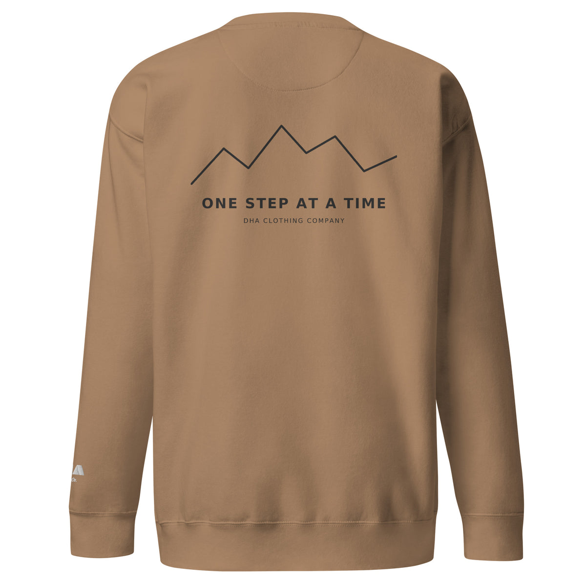 One Step at a Time Crewneck Sweatshirt in Latte — back view with full charcoal mountain graphic