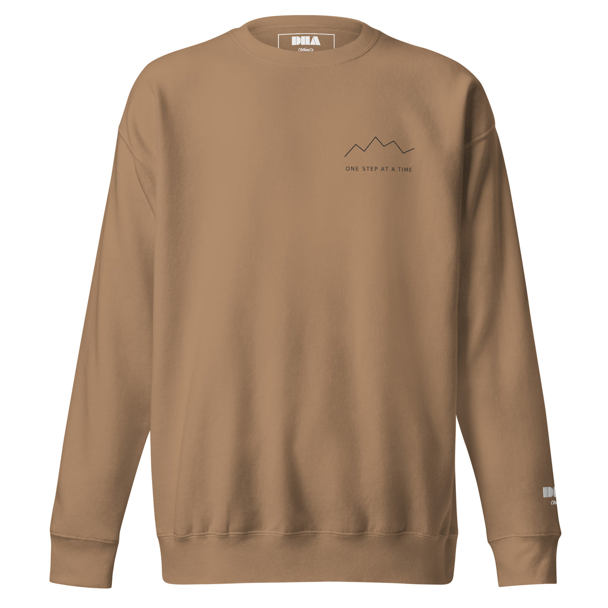 One Step at a Time Crewneck Sweatshirt in Latte — front view with charcoal left-chest mountain print
