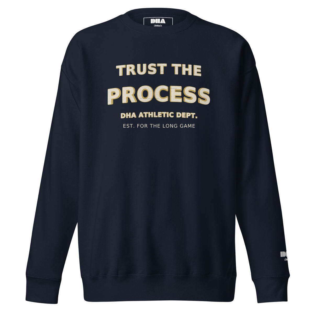 Trust the Process Crewneck Sweatshirt in Navy Blazer — front view with cream and mustard motivational print