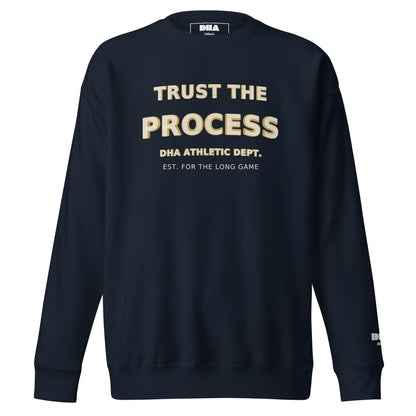 Trust the Process Crewneck Sweatshirt in Navy Blazer — front view with cream and mustard motivational print