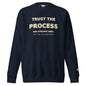 Trust the Process Crewneck Sweatshirt in Navy Blazer — front view with cream and mustard motivational print