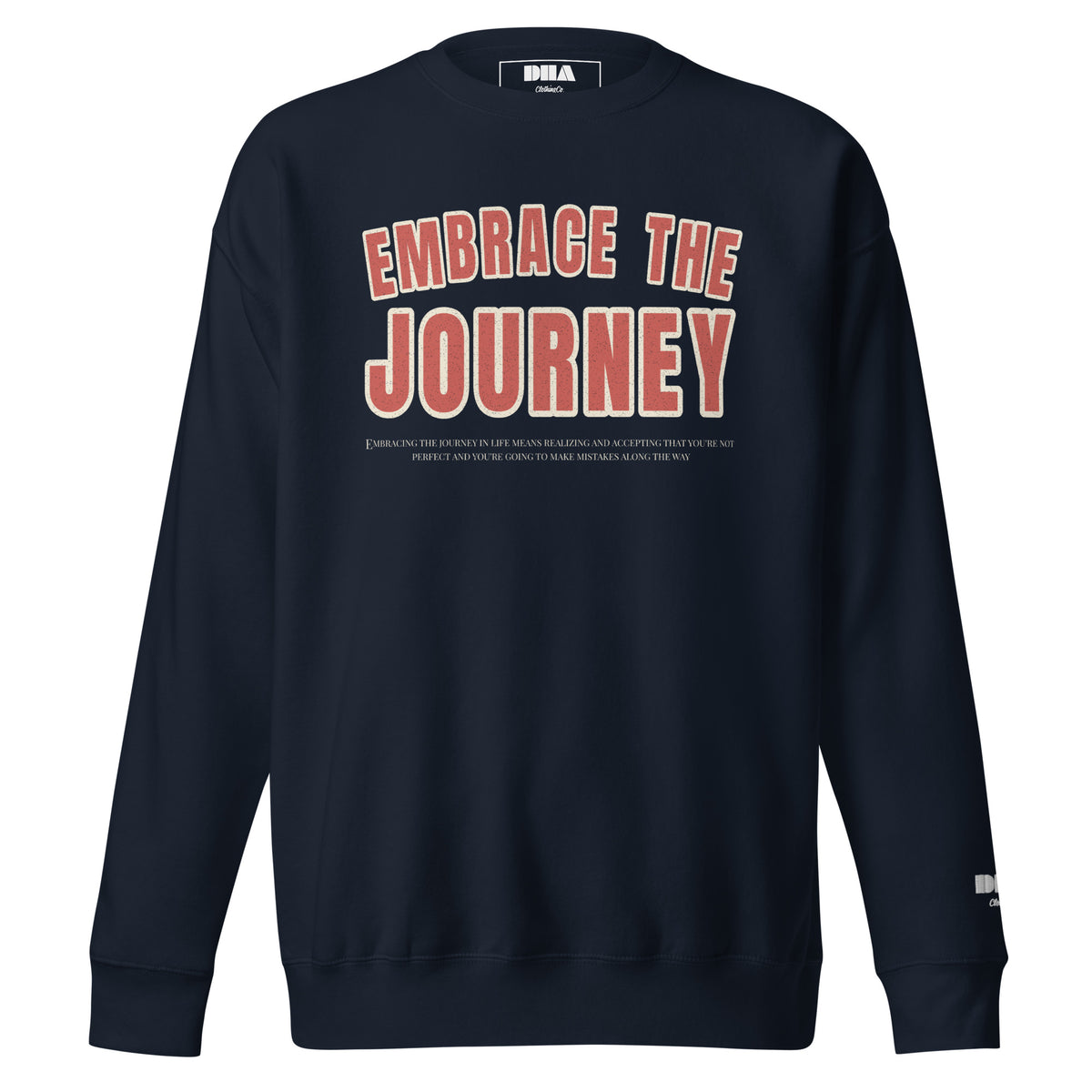 Embrace the Journey Varsity Arch Crewneck Sweatshirt in Navy Blazer — front view with red and cream varsity arch print