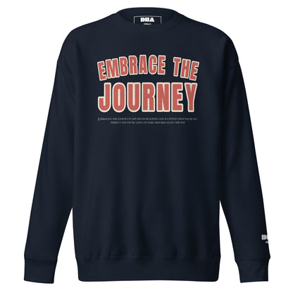 Embrace the Journey Varsity Arch Crewneck Sweatshirt in Navy Blazer — front view with red and cream varsity arch print
