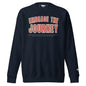 Embrace the Journey Varsity Arch Crewneck Sweatshirt in Navy Blazer — front view with red and cream varsity arch print