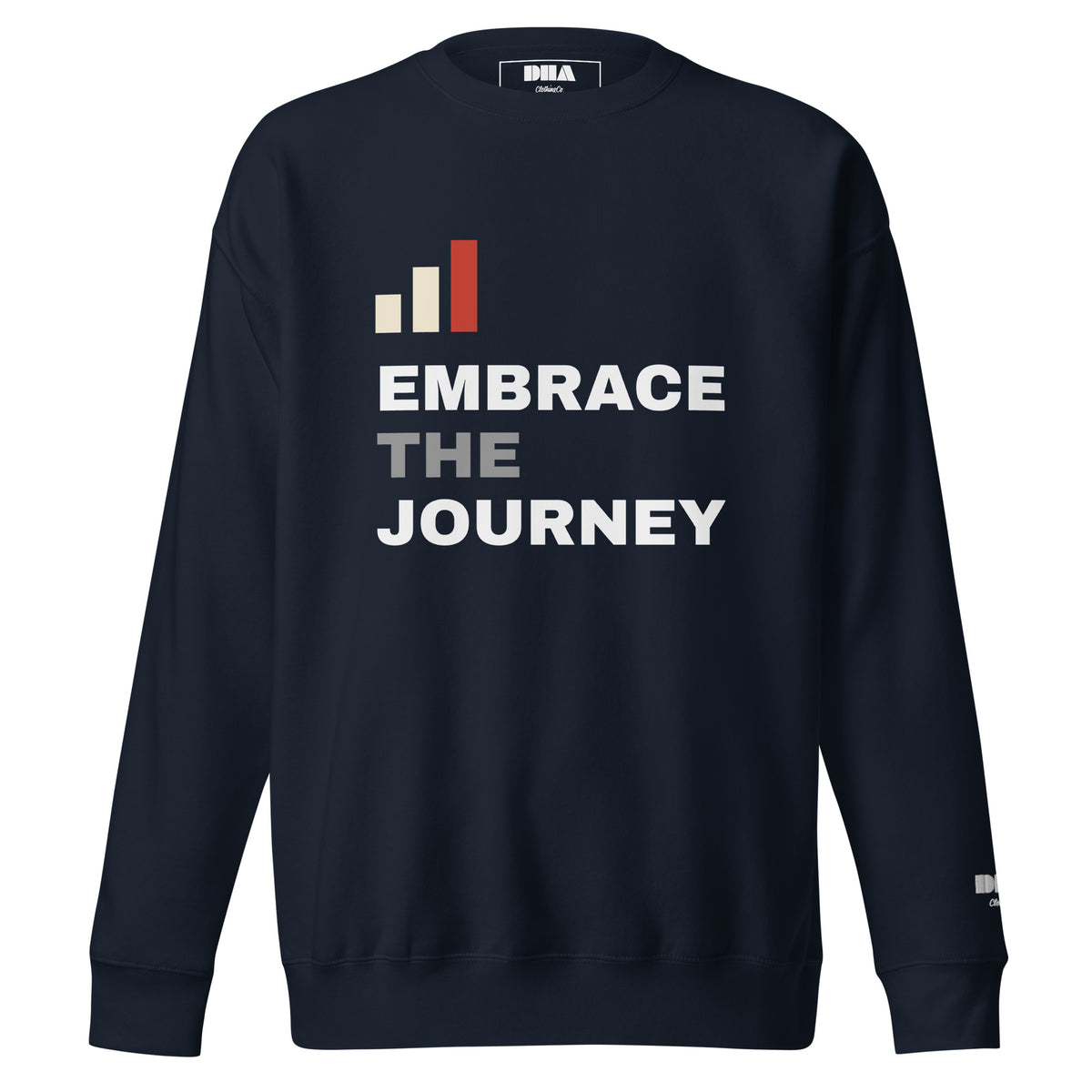 Embrace the Journey Clean Stack Crewneck Sweatshirt in Navy Blazer — front view with minimalist stacked print