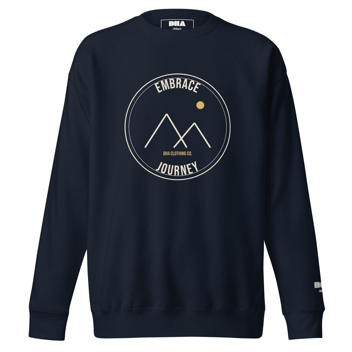 Summit Crewneck Sweatshirt in Navy Blazer — front view with cream and gold Summit badge motivational print