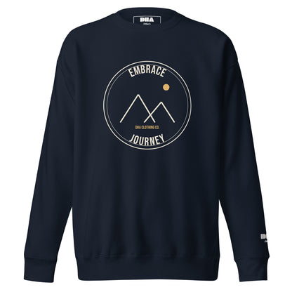Summit Crewneck Sweatshirt in Navy Blazer — front view with cream and gold Summit badge motivational print