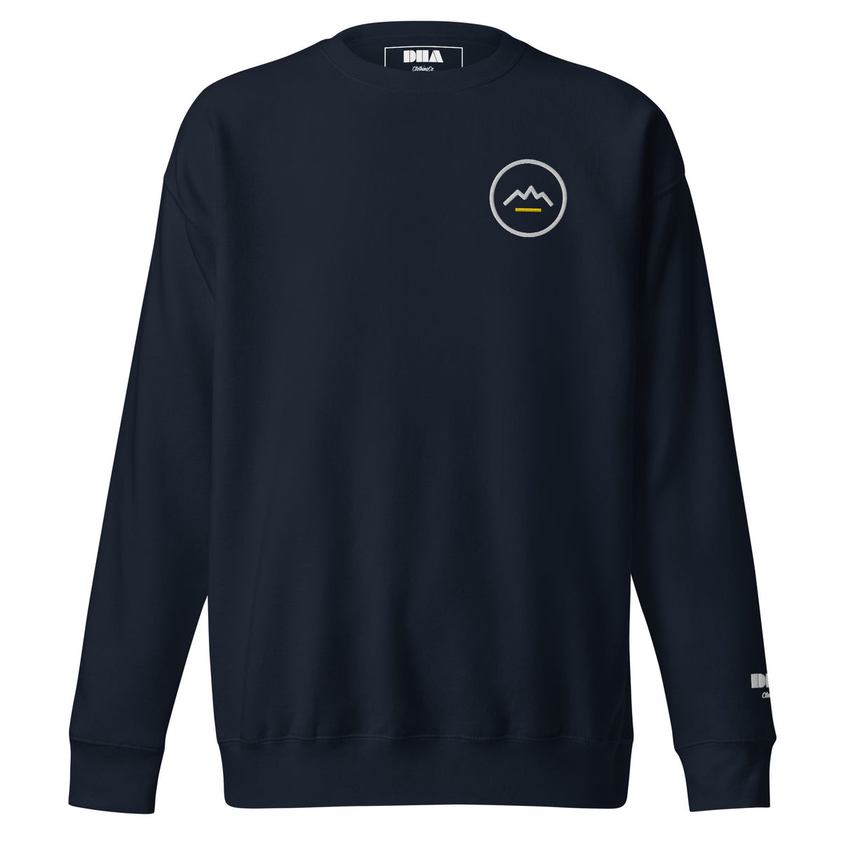 Summit Emblem Crewneck Sweatshirt in Navy Blazer — front view with cream and gold Summit emblem embroidered at the left chest