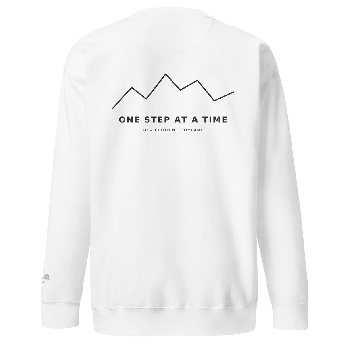 One Step at a Time Crewneck Sweatshirt in White — back view with full charcoal mountain graphic