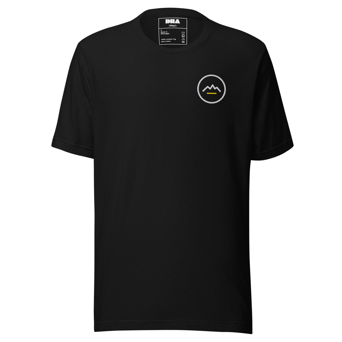 Summit Emblem T-Shirt in Black — front view with cream and gold Summit emblem embroidered at the left chest