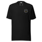 Summit Emblem T-Shirt in Black — front view with cream and gold Summit emblem embroidered at the left chest