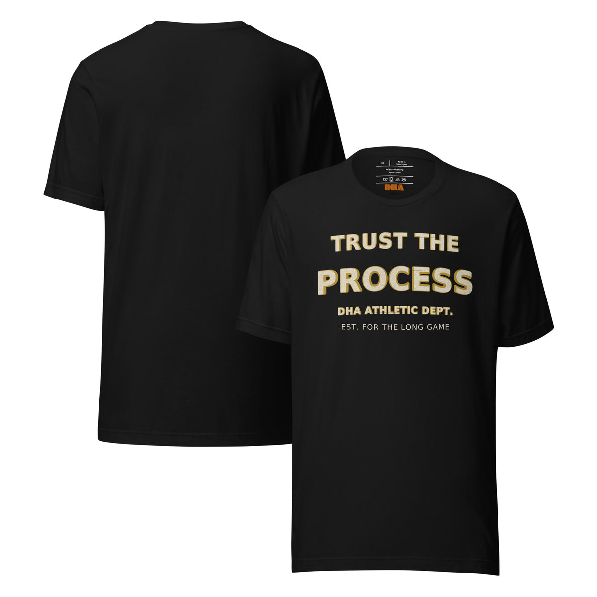Trust the Process motivational t-shirt in Black — front and back view