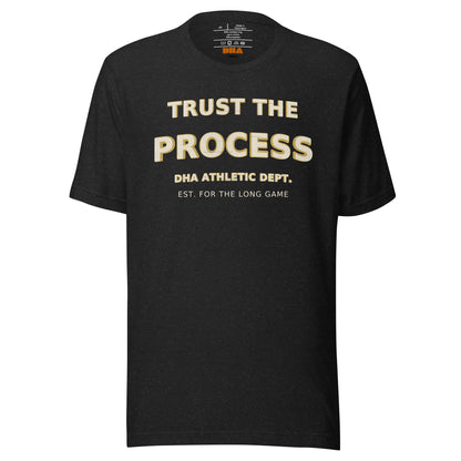 Trust the Process motivational t-shirt in Black Heather — front view