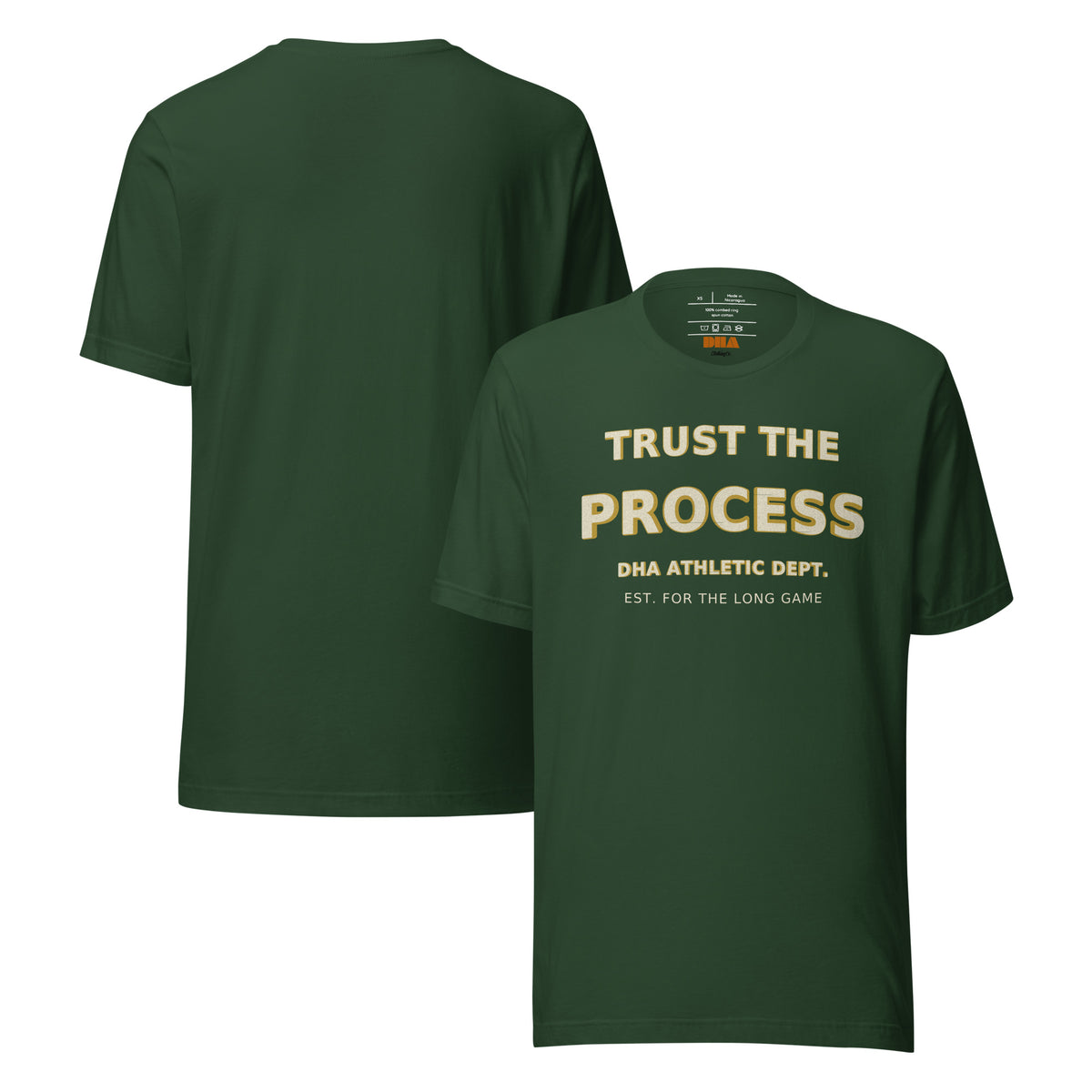Trust the Process motivational t-shirt in Forest — front and back view