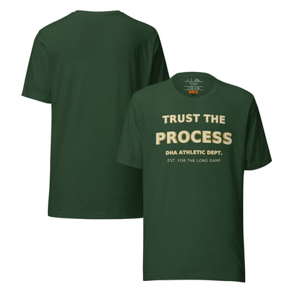 Trust the Process motivational t-shirt in Forest — front and back view
