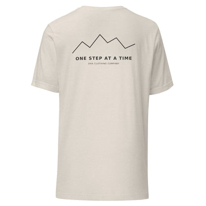 One Step at a Time inspirational t-shirt in Heather Dust — back view