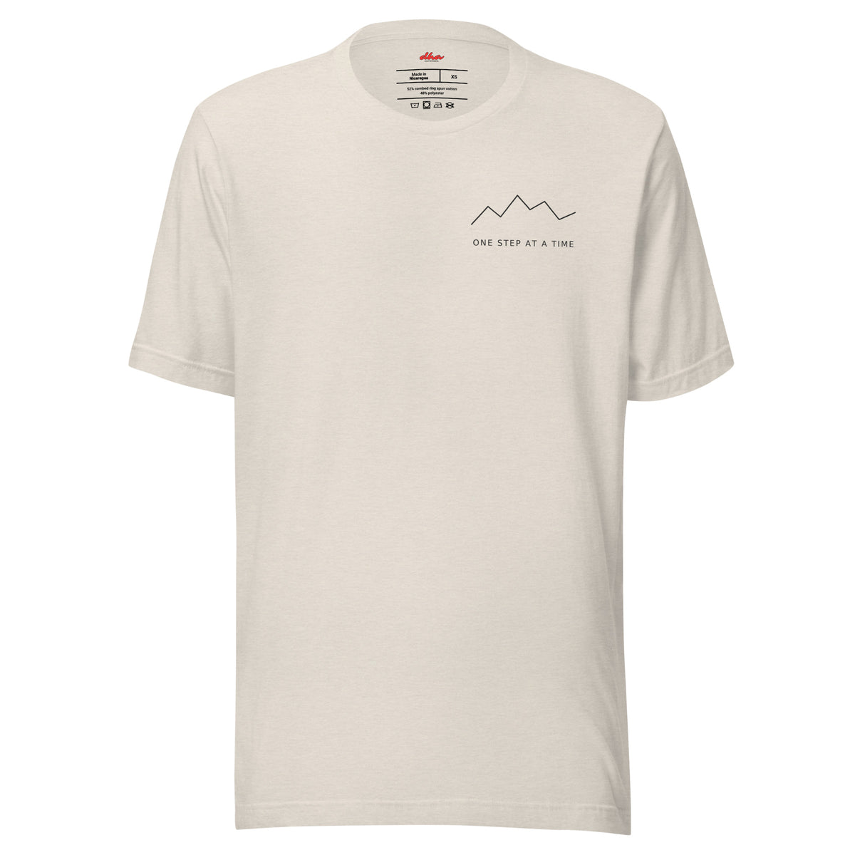 One Step at a Time inspirational t-shirt in Heather Dust — front view