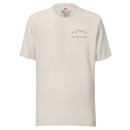One Step at a Time inspirational t-shirt in Heather Dust — front view