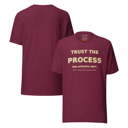 Trust the Process motivational t-shirt in Maroon — front and back view
