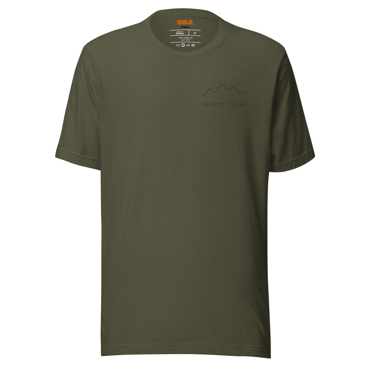 One Step at a Time inspirational t-shirt in Military Green — front view