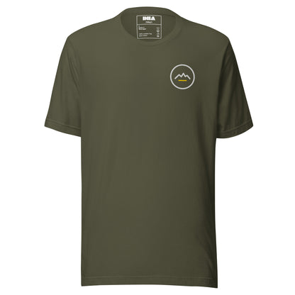 Summit Emblem T-Shirt in Military Green — front view with cream and gold Summit emblem embroidered at the left chest