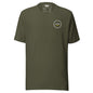 Summit Emblem T-Shirt in Military Green — front view with cream and gold Summit emblem embroidered at the left chest