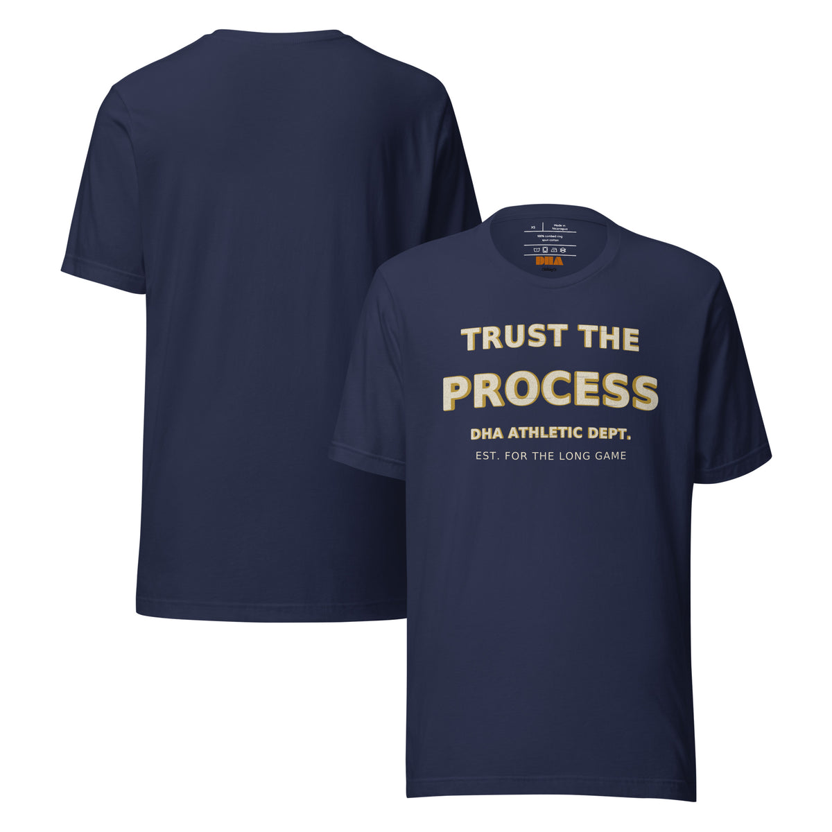 Trust the Process motivational t-shirt in Navy — front and back view